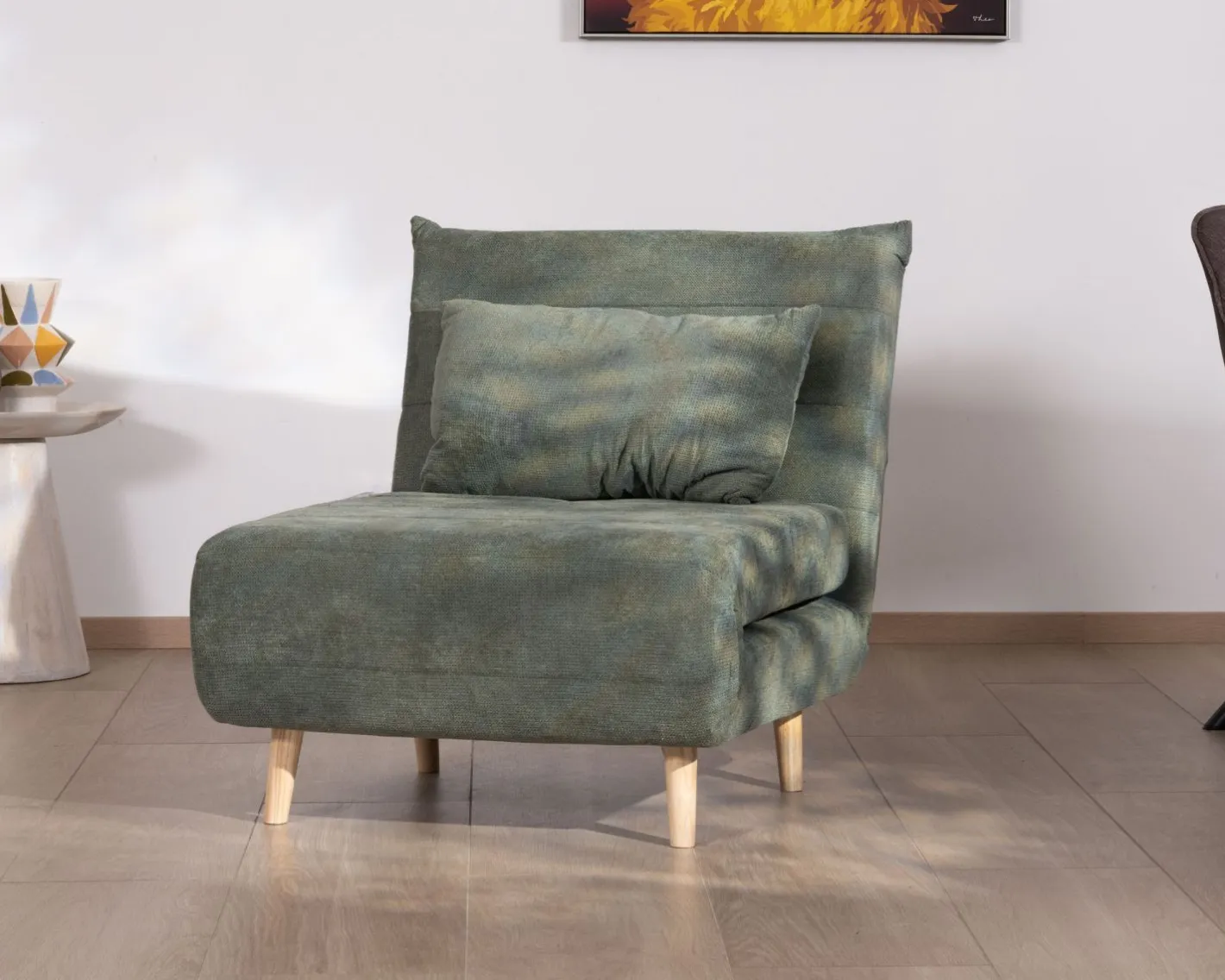 New Fauteuil esprit vintage en tissu vert kaki "Folda" modulable 2 en 1 Fauteuil
