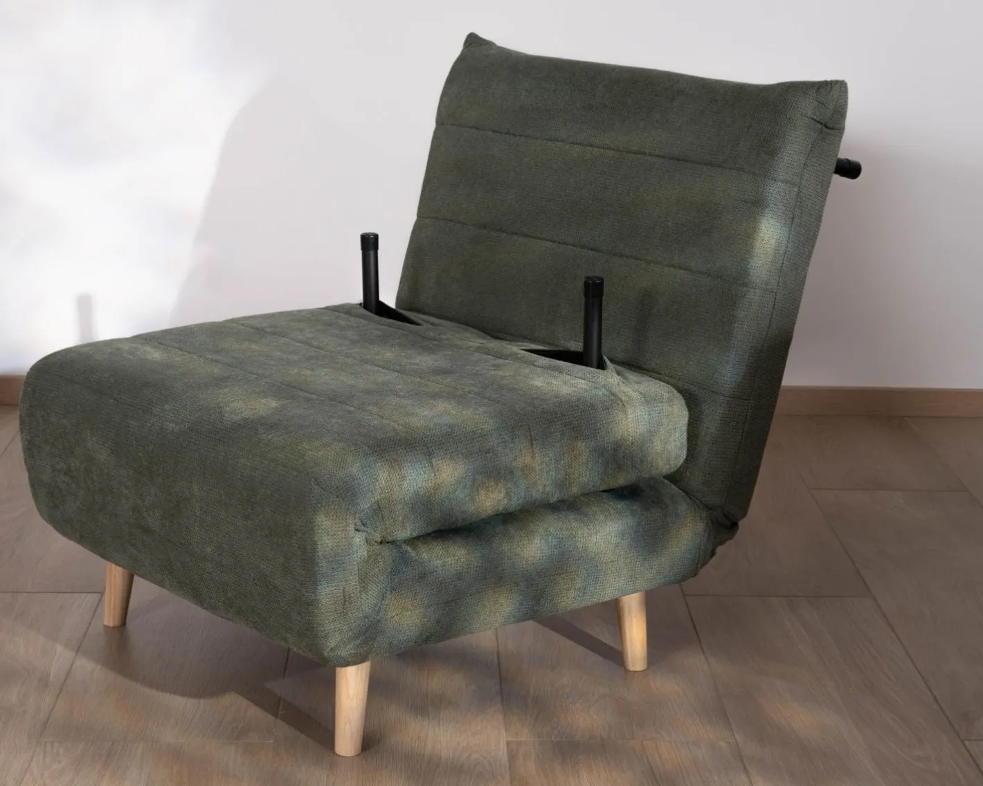 New Fauteuil esprit vintage en tissu vert kaki "Folda" modulable 2 en 1 Fauteuil