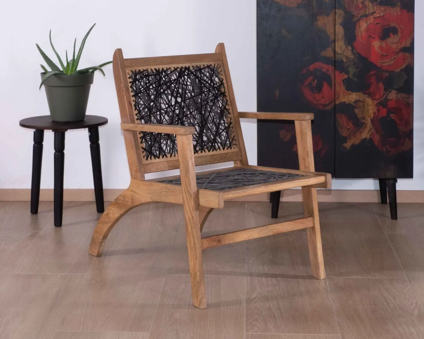 Fauteuil ethnique bas en bois de hêtre et cordages "Pop Vintage" Fauteuil