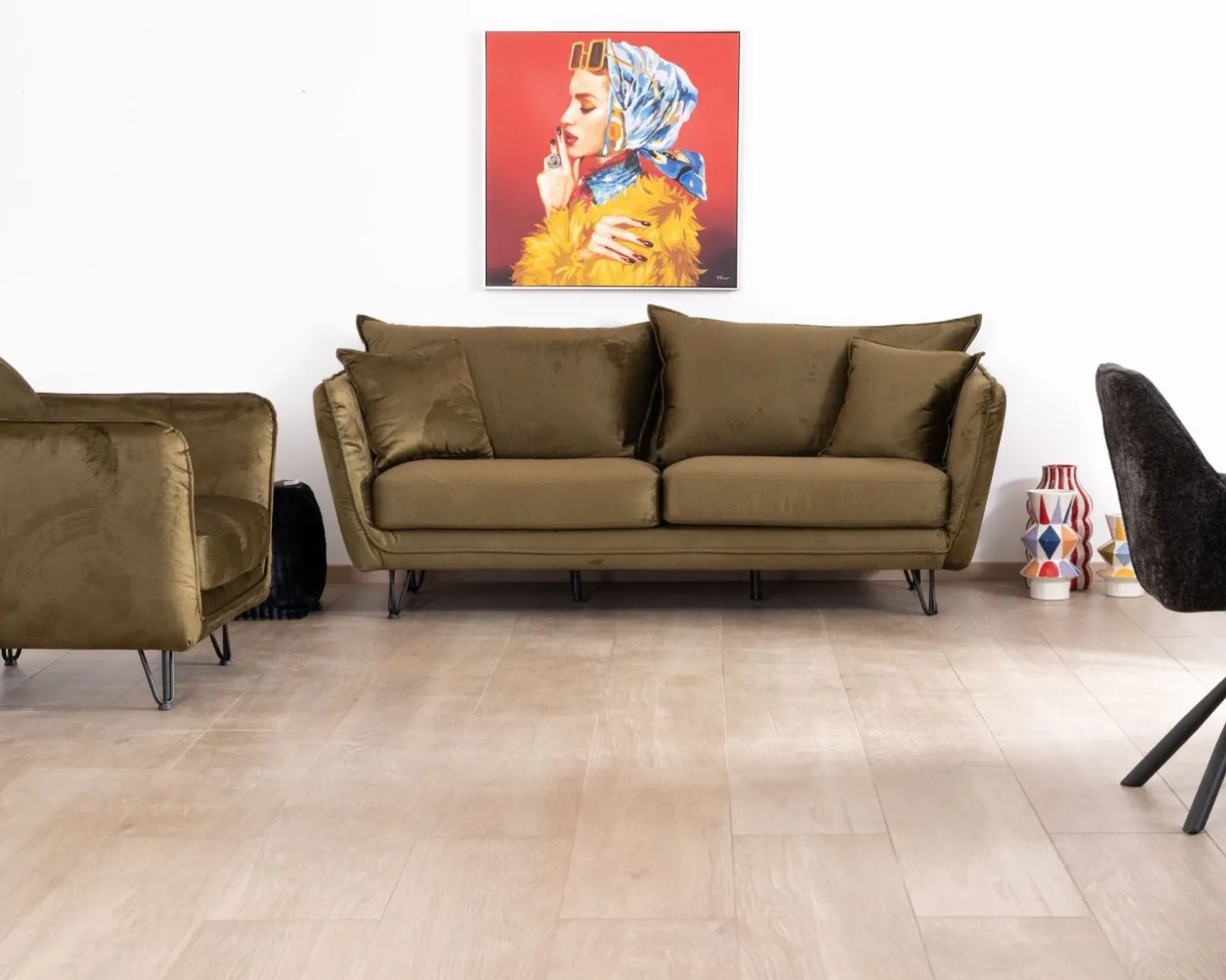 Discount Fauteuil kaki tissu ultra doux design vintage "Hasting" Fauteuil