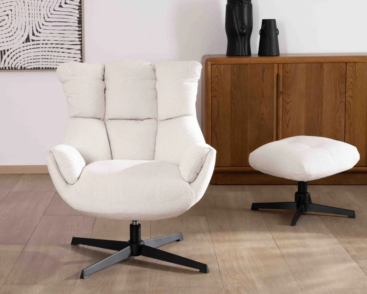 Online Fauteuil pivotant avec repose-pieds modulaire en tissu bouclette écru "Calista" Fauteuil