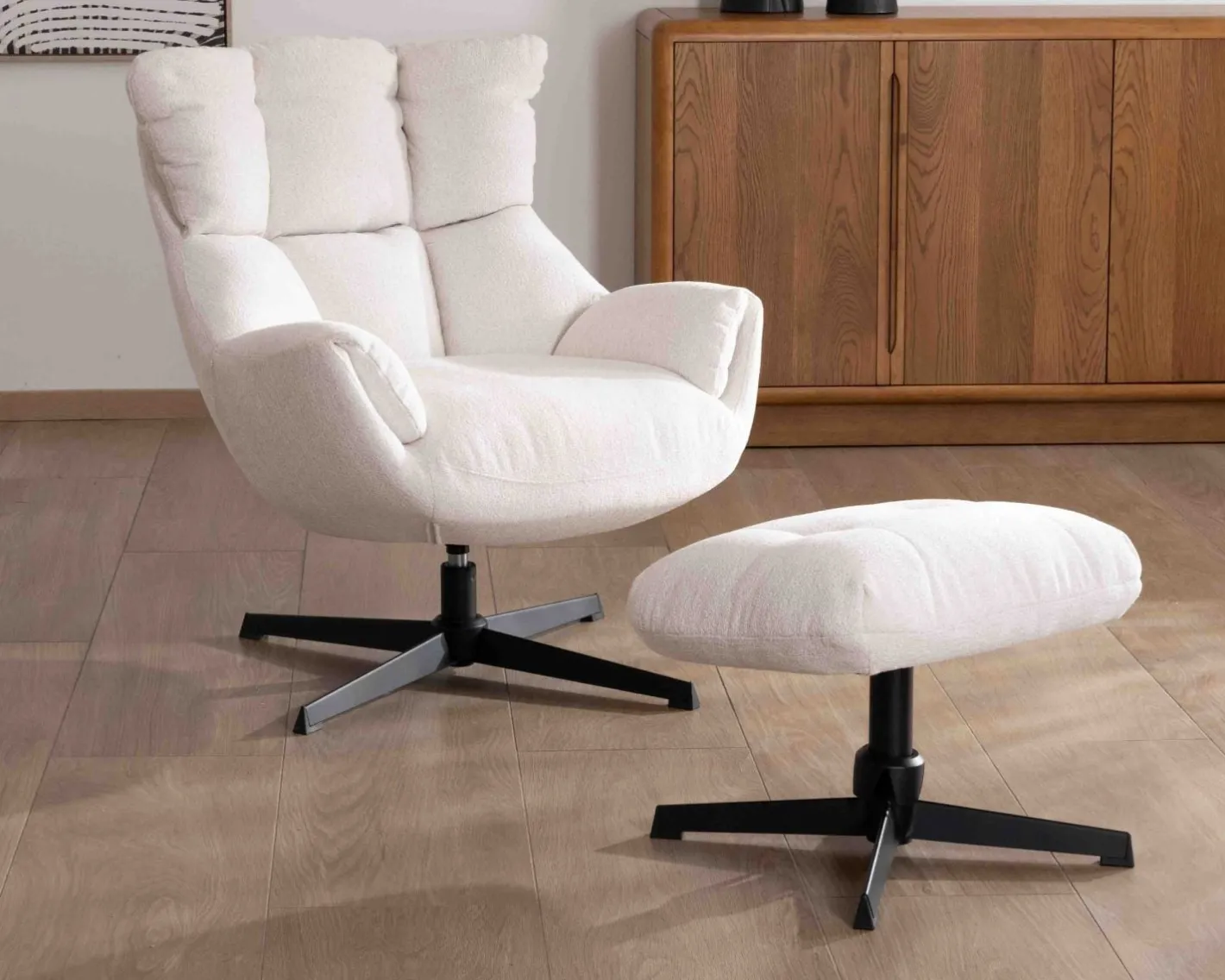 Online Fauteuil pivotant avec repose-pieds modulaire en tissu bouclette écru "Calista" Fauteuil