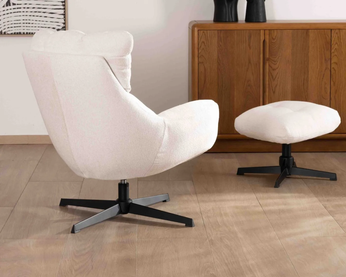 Online Fauteuil pivotant avec repose-pieds modulaire en tissu bouclette écru "Calista" Fauteuil