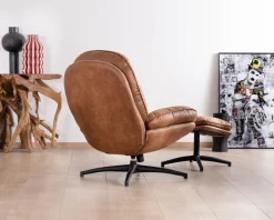 Sale Fauteuil pivotant esprit rétro avec pouf en tissu microfibre coloris havane