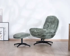 New Fauteuil rotatif design rétro en tissu soyeux vert sauge "Branson" avec pouf Fauteuil