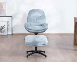 Outlet Fauteuil rotatif enveloppant avec repose-pieds "Branson" en tissu bleu glacier Fauteuil
