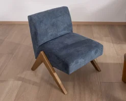 Discount Fauteuil rétro tissu bleu foncé avec pieds bois boomerang "Tolga" Fauteuil