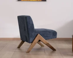 Discount Fauteuil rétro tissu bleu foncé avec pieds bois boomerang 