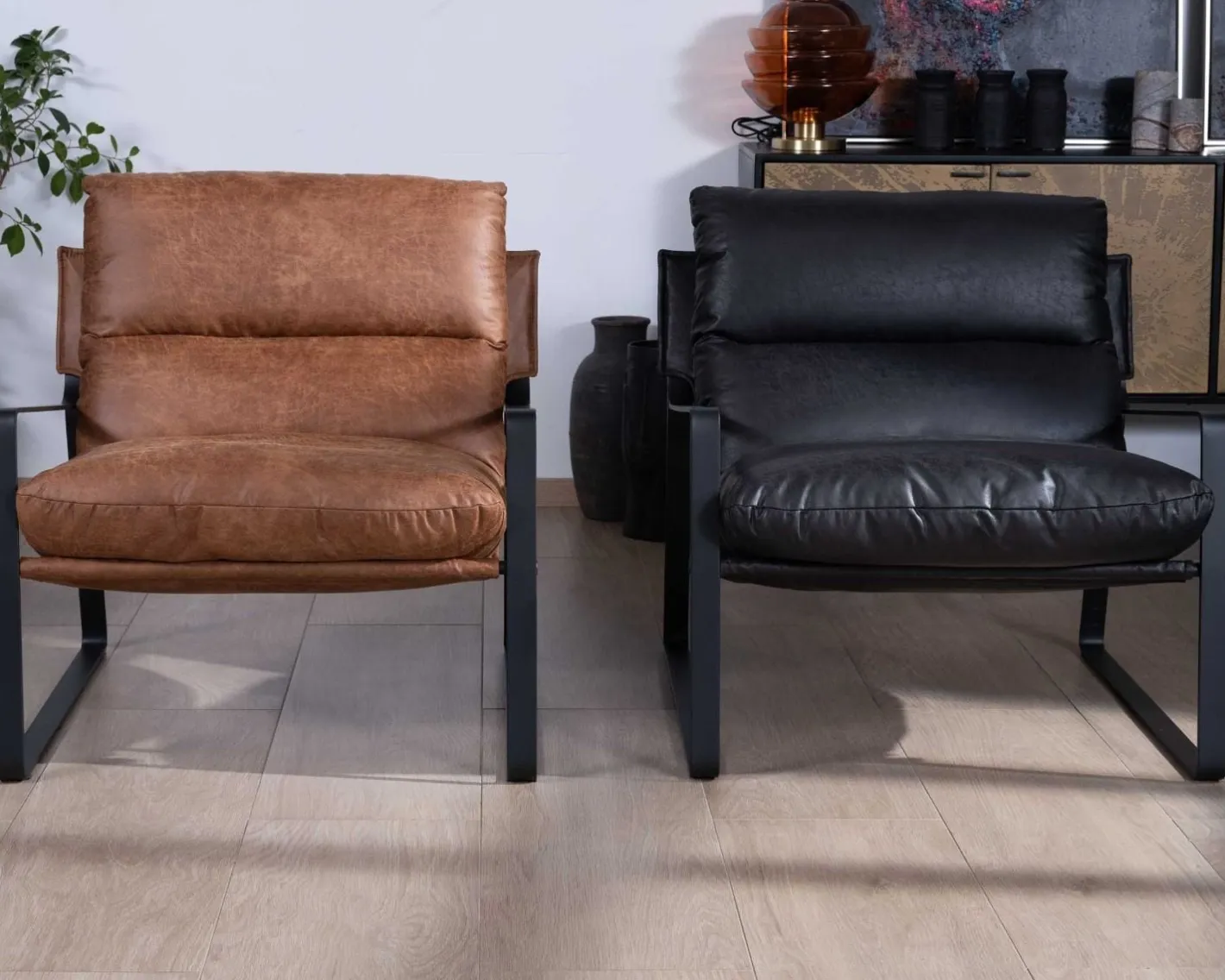 New Fauteuil rétro tissu havane et métal noir "Torsten" Fauteuil