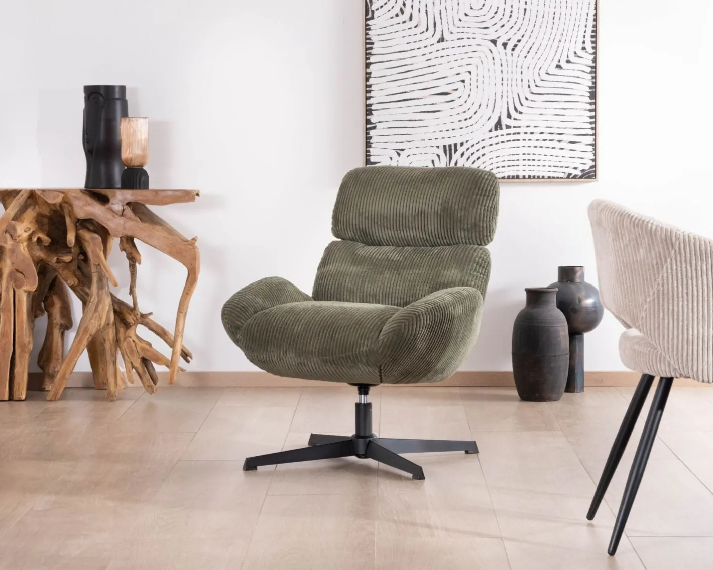 Outlet Fauteuil ultra confort tournant 360° en velours côtelé vert doux "Bissett" Fauteuil