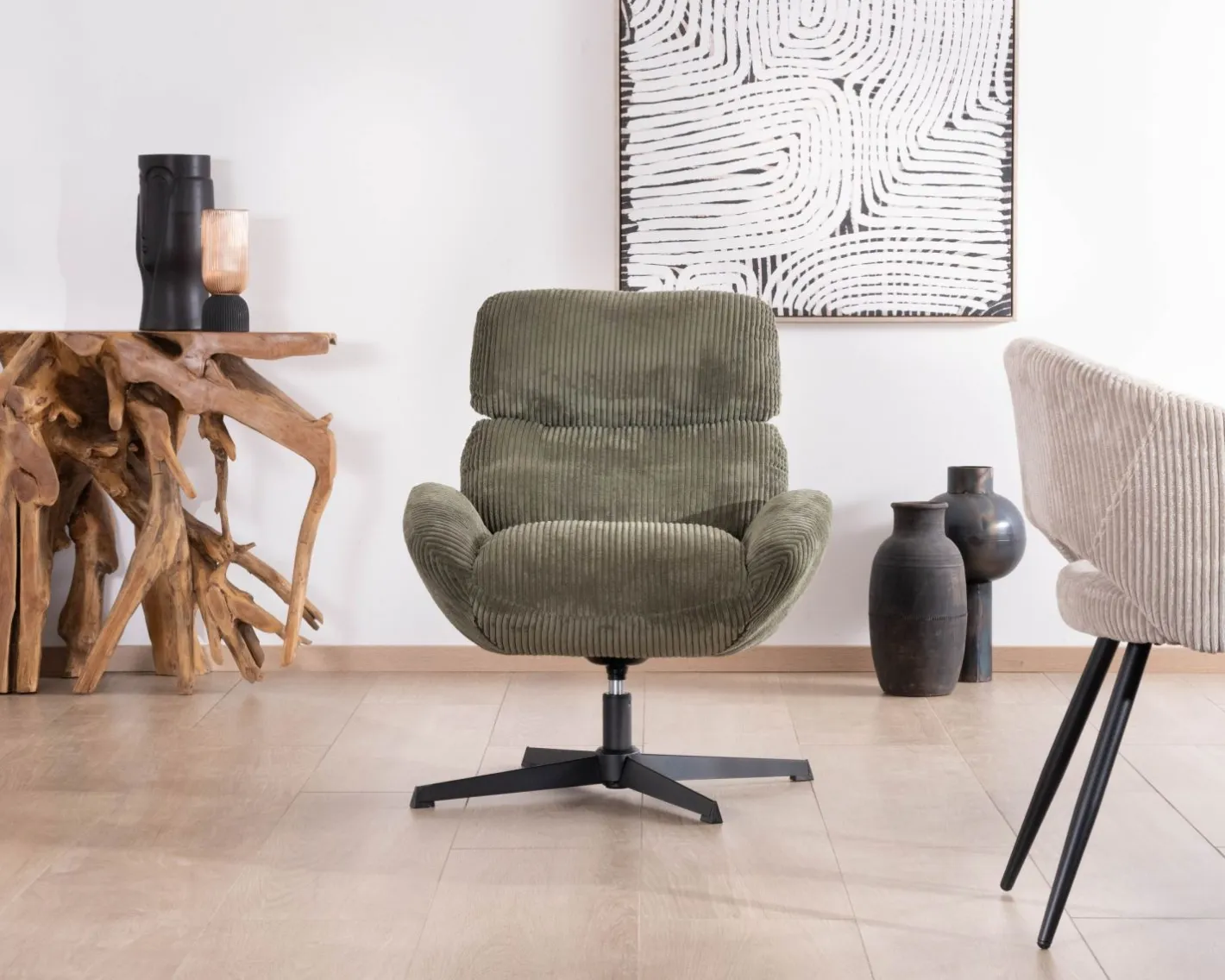 Outlet Fauteuil ultra confort tournant 360° en velours côtelé vert doux "Bissett" Fauteuil