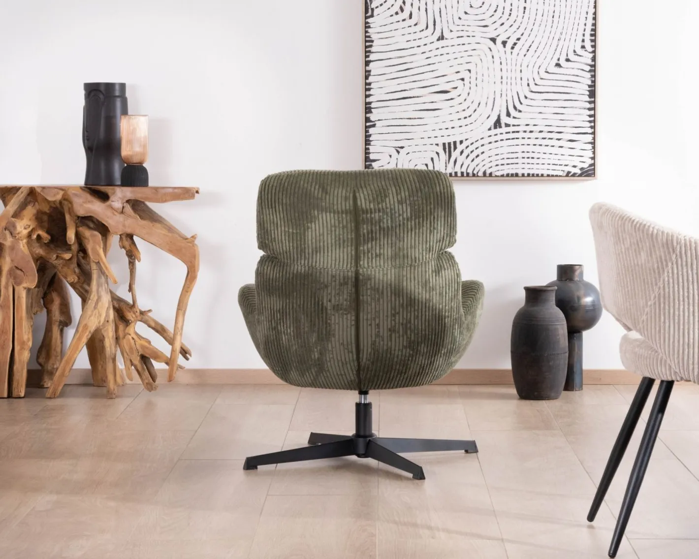 Outlet Fauteuil ultra confort tournant 360° en velours côtelé vert doux "Bissett" Fauteuil