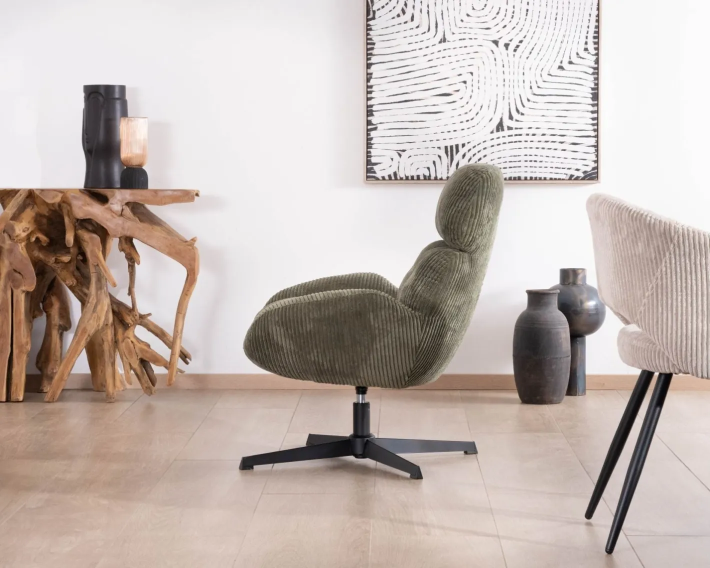 Outlet Fauteuil ultra confort tournant 360° en velours côtelé vert doux "Bissett" Fauteuil