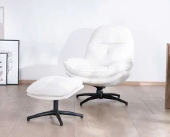 Best Fauteuil vintage avec pouf en tissu blanc ultra doux