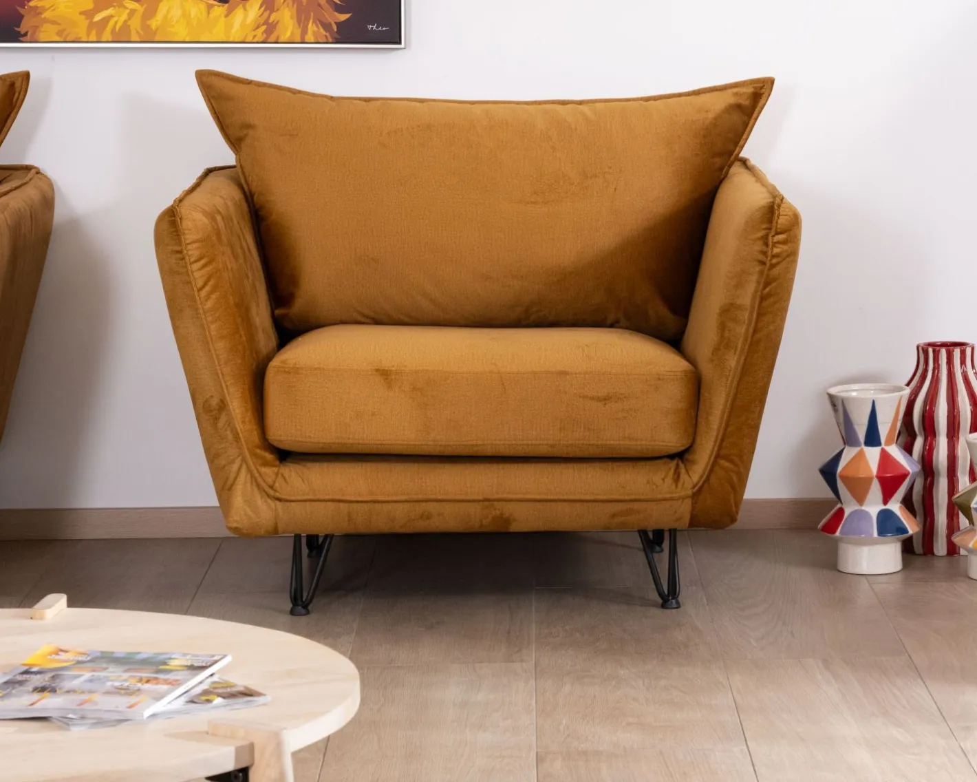 Clearance Fauteuil vintage ocre en tissu et métal ultra confort "Hasting" Fauteuil