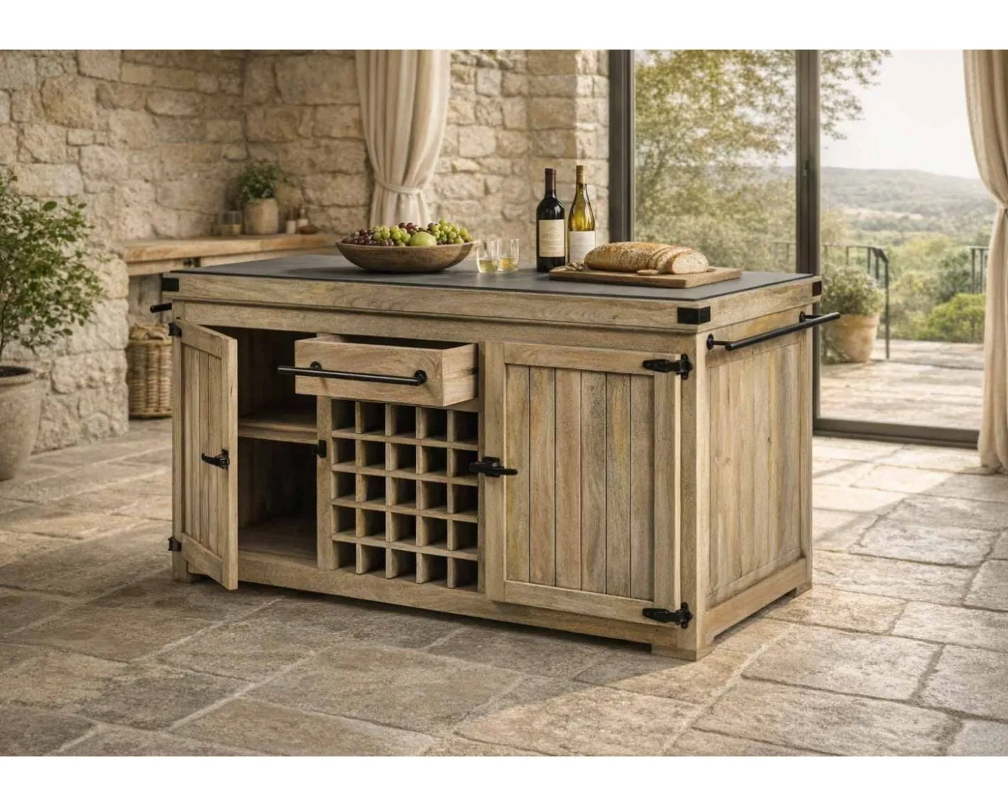 Online Grand billot de cuisine bois massif plateau pierre "Grand Chef" 165 cm Billot Et Ilot De Cuisine