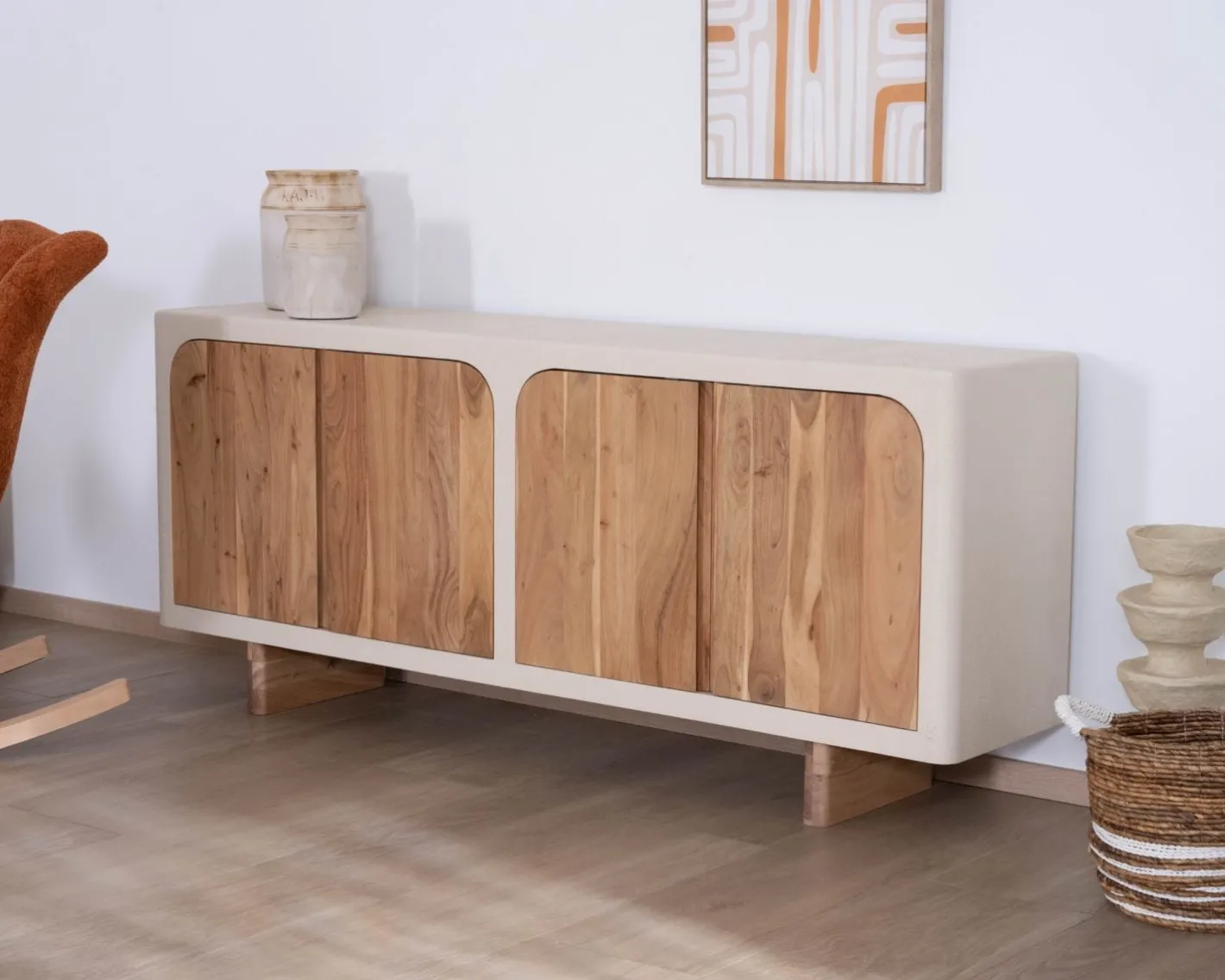 Outlet Grand buffet bas 4 portes style organique et contemporain "Miona" Buffet Et Bahut