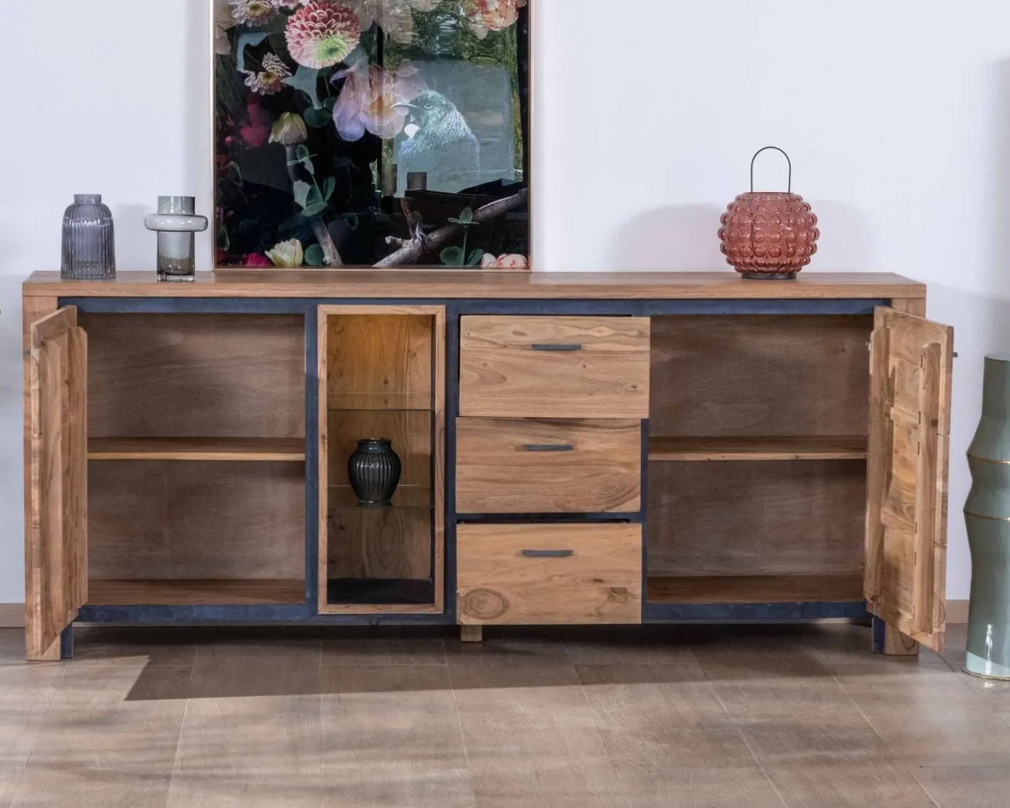 Clearance Grand buffet 215 cm acacia massif avec relief noirs, tiroirs et niche avec étagères vitrées "Fantaisie" Buffet Et Bahut