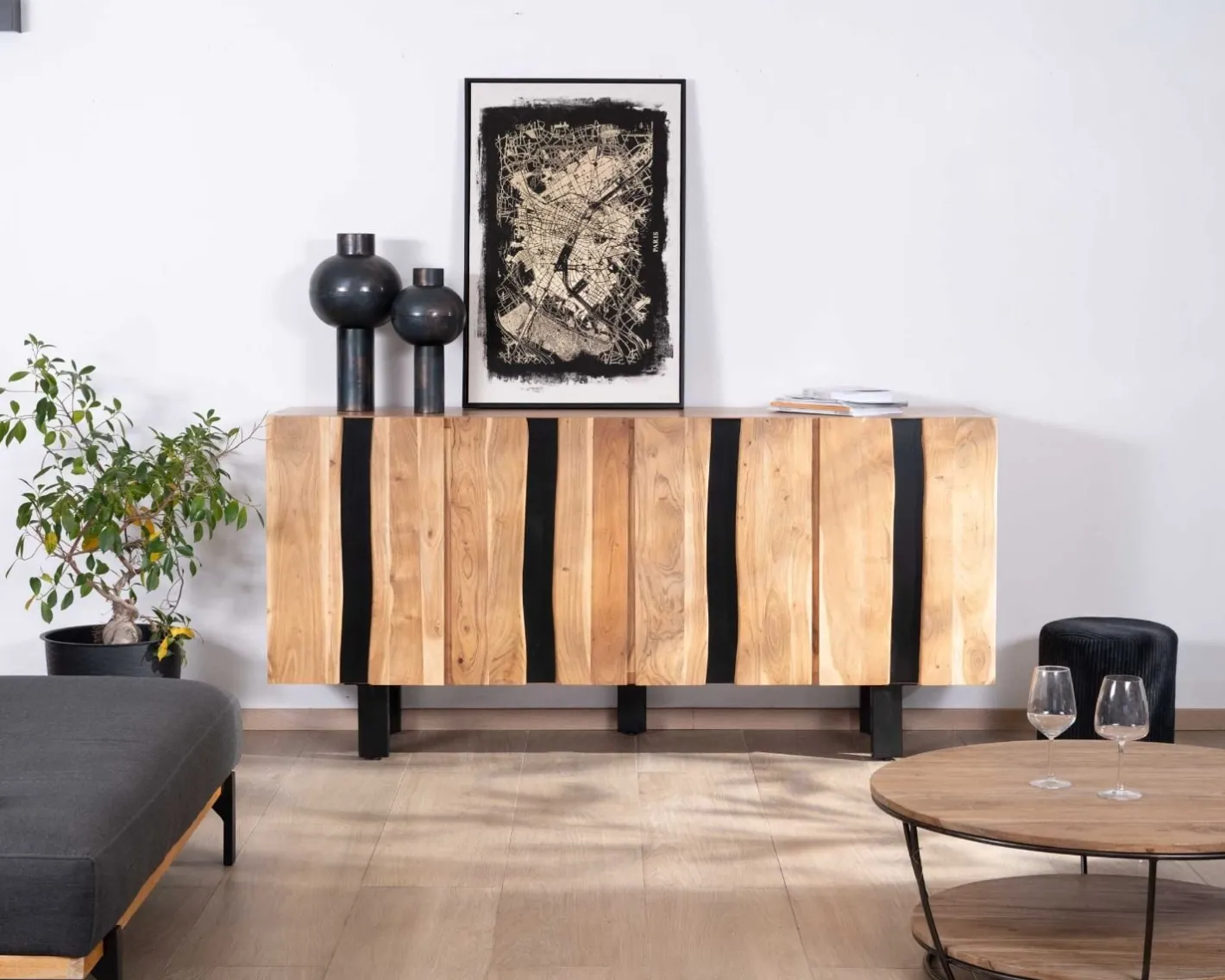 Online Grand buffet design 190cm en bois massif d’acacia et métal noir "Zen Black" Buffet Et Bahut