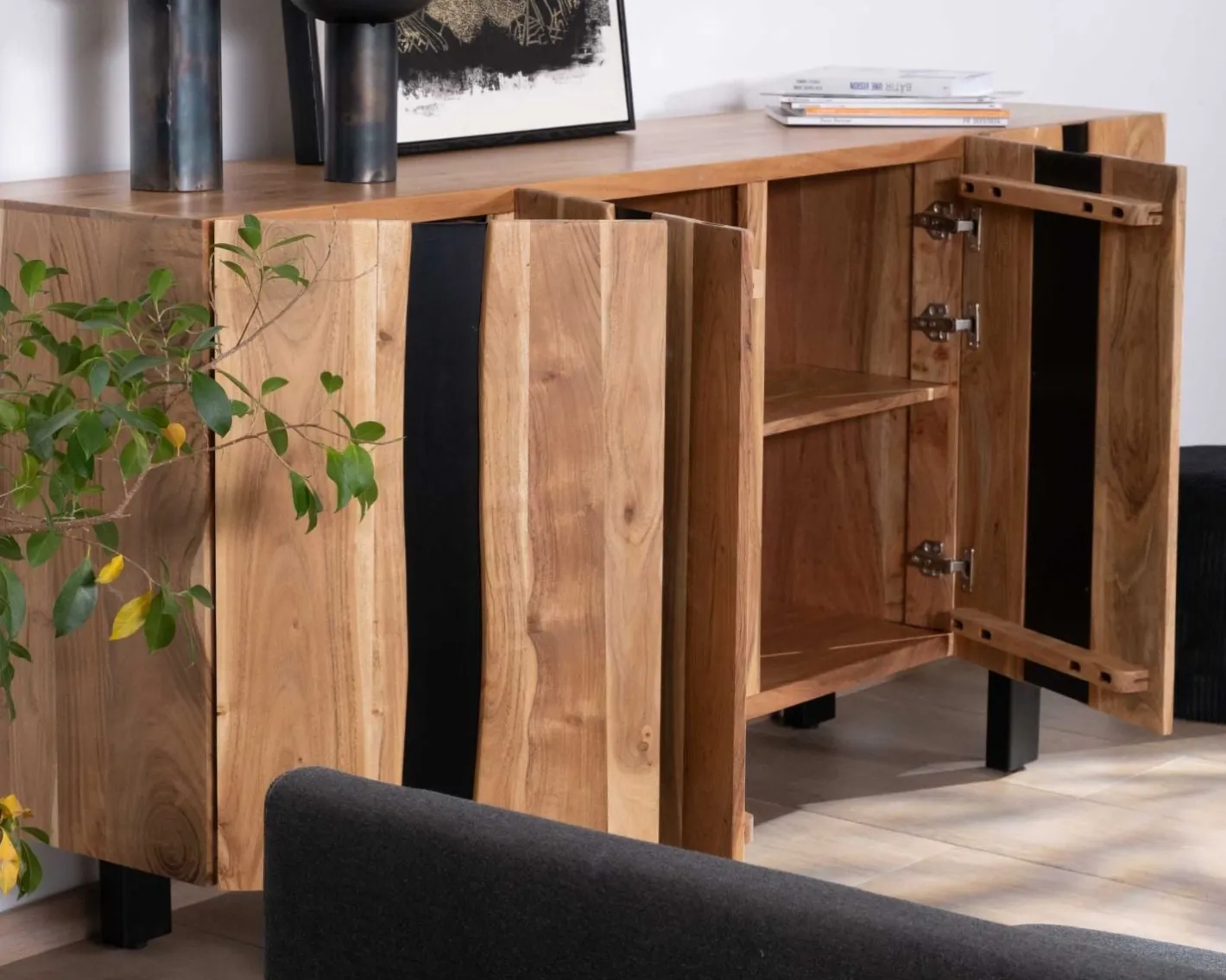 Online Grand buffet design 190cm en bois massif d’acacia et métal noir "Zen Black" Buffet Et Bahut