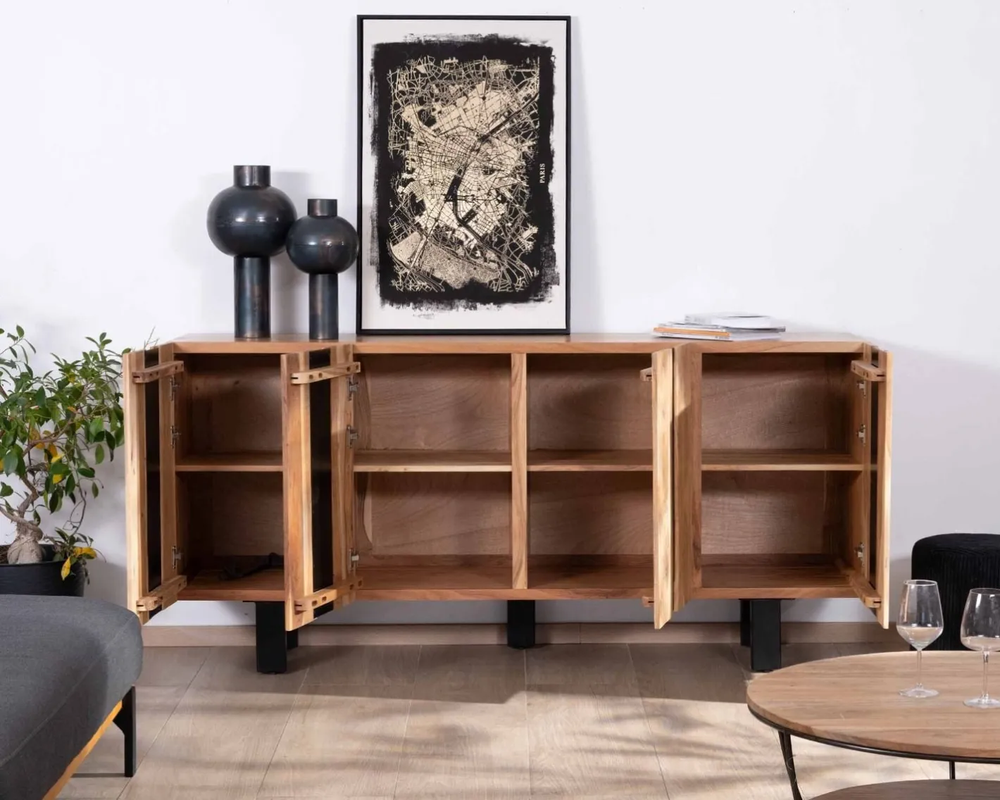 Online Grand buffet design 190cm en bois massif d’acacia et métal noir "Zen Black" Buffet Et Bahut