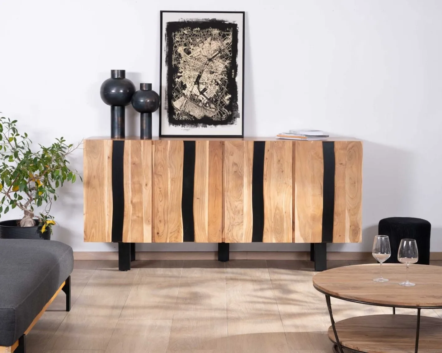 Online Grand buffet design 190cm en bois massif d’acacia et métal noir "Zen Black" Buffet Et Bahut