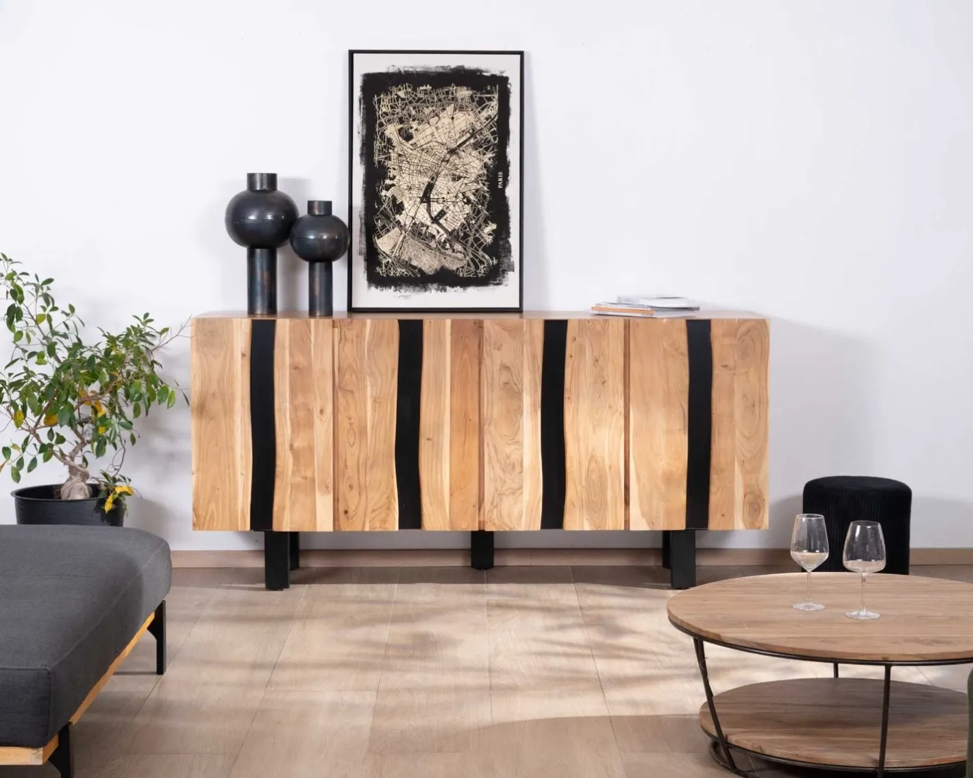 Online Grand buffet design 190cm en bois massif d’acacia et métal noir "Zen Black" Buffet Et Bahut