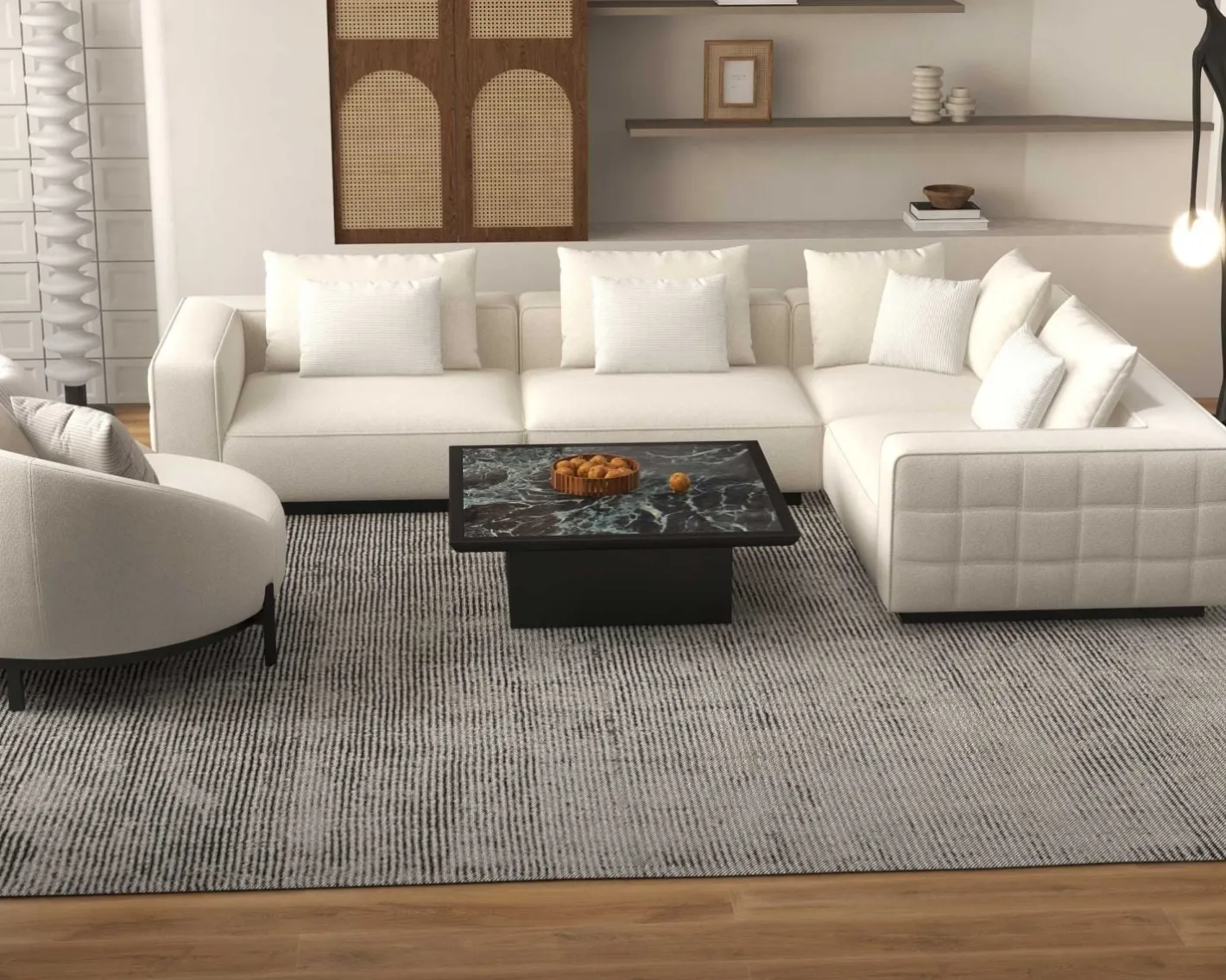 Sale Grand canapé d'angle graphique et ultra cosy en tissu blanc "Sweet Culture" Canapé D'Angle|Canapé Modulable