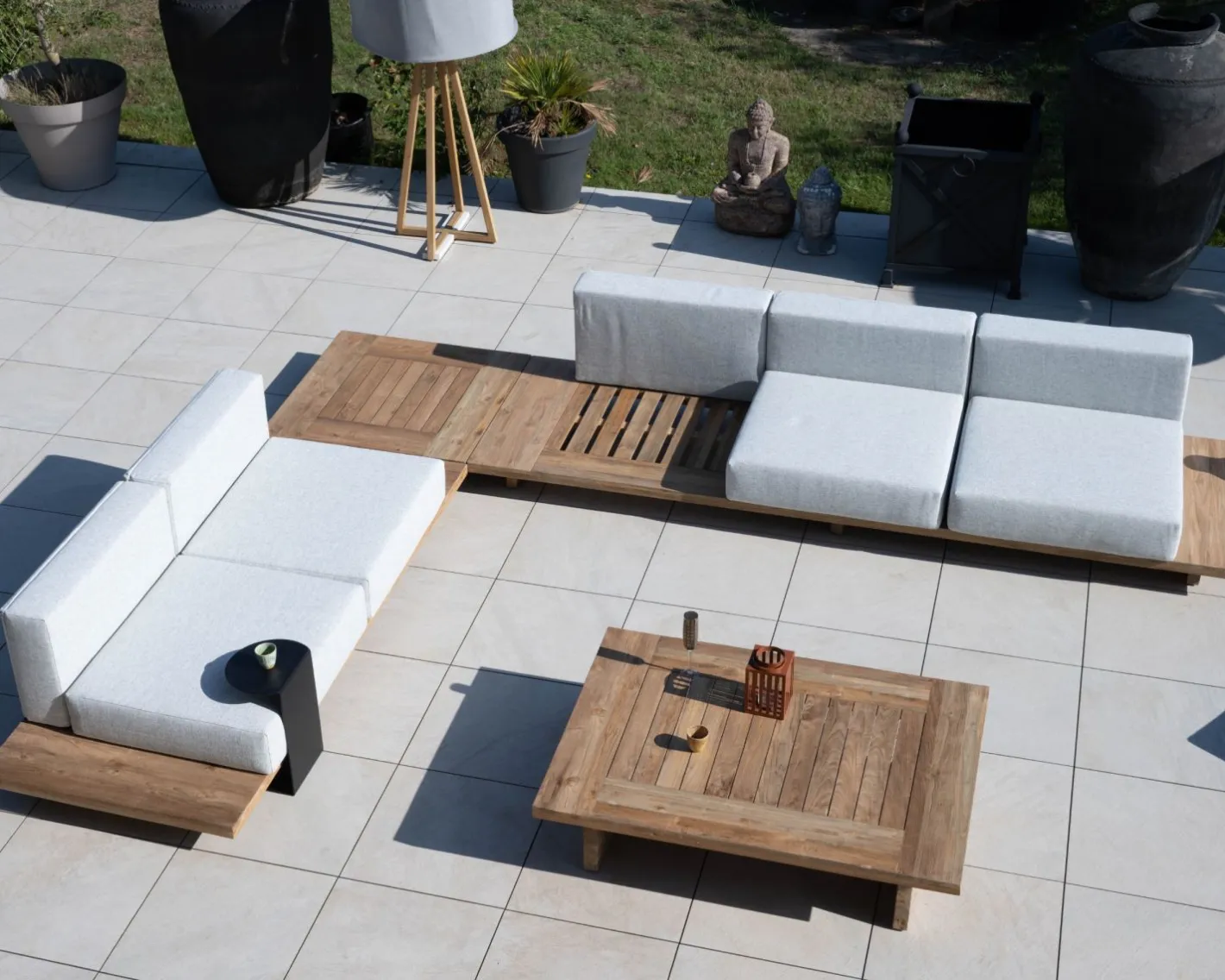 Grand canapé modulaire 5 places de jardin "Eclipse" avec tablette d'angle en teck Canapé De Jardin|Salon De Jardin