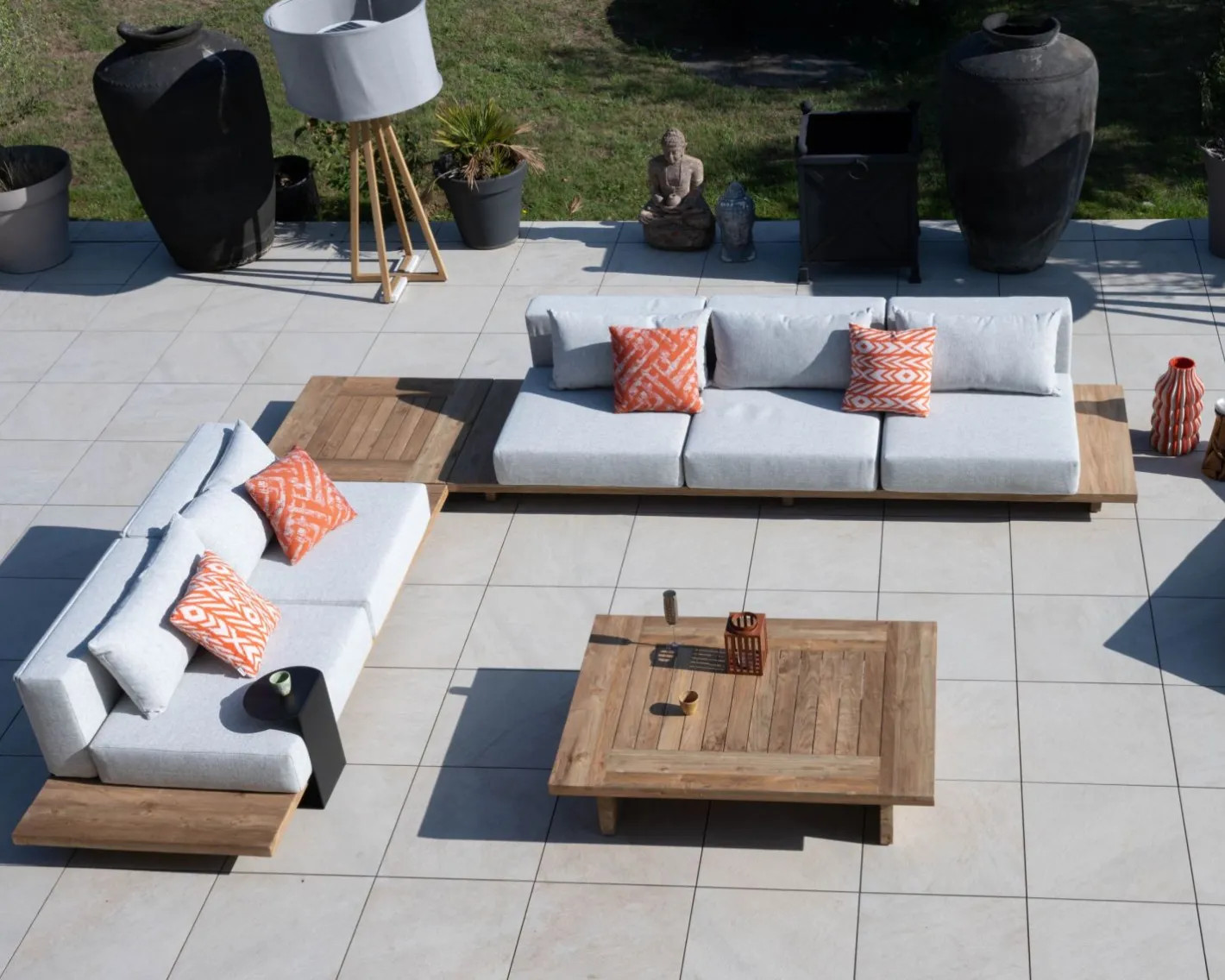 Grand canapé modulaire 5 places de jardin "Eclipse" avec tablette d'angle en teck Canapé De Jardin|Salon De Jardin