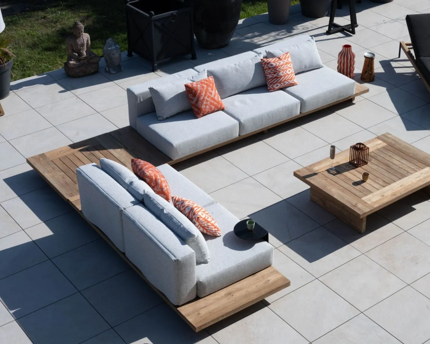 Grand canapé modulaire 5 places de jardin "Eclipse" avec tablette d'angle en teck Canapé De Jardin|Salon De Jardin