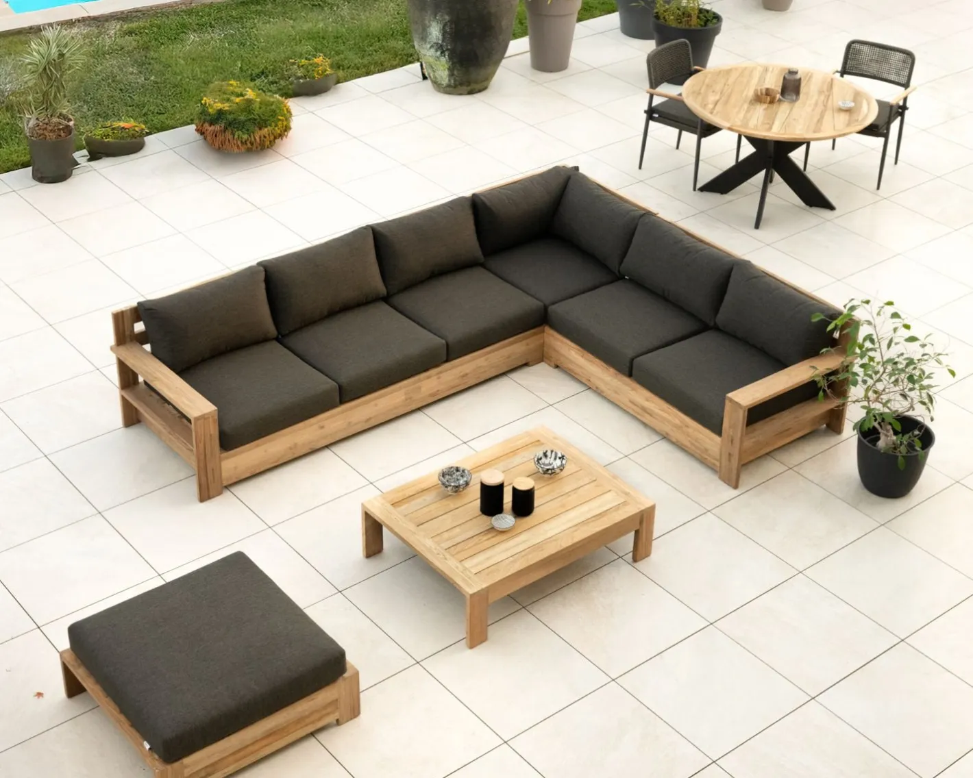 Grand canapé modulaire spécial extérieur en teck et tissu gris foncé "Zénith" Canapé De Jardin