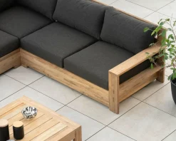 Grand canapé modulaire spécial extérieur en teck et tissu gris foncé