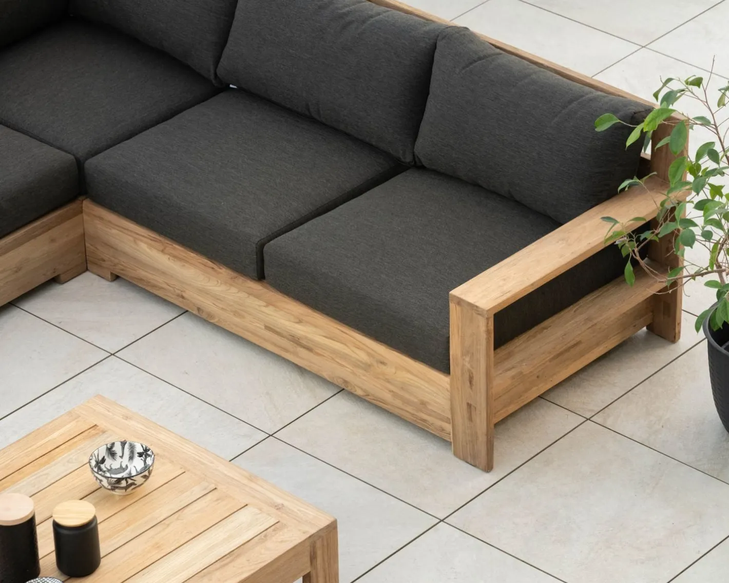 Grand canapé modulaire spécial extérieur en teck et tissu gris foncé "Zénith" Canapé De Jardin