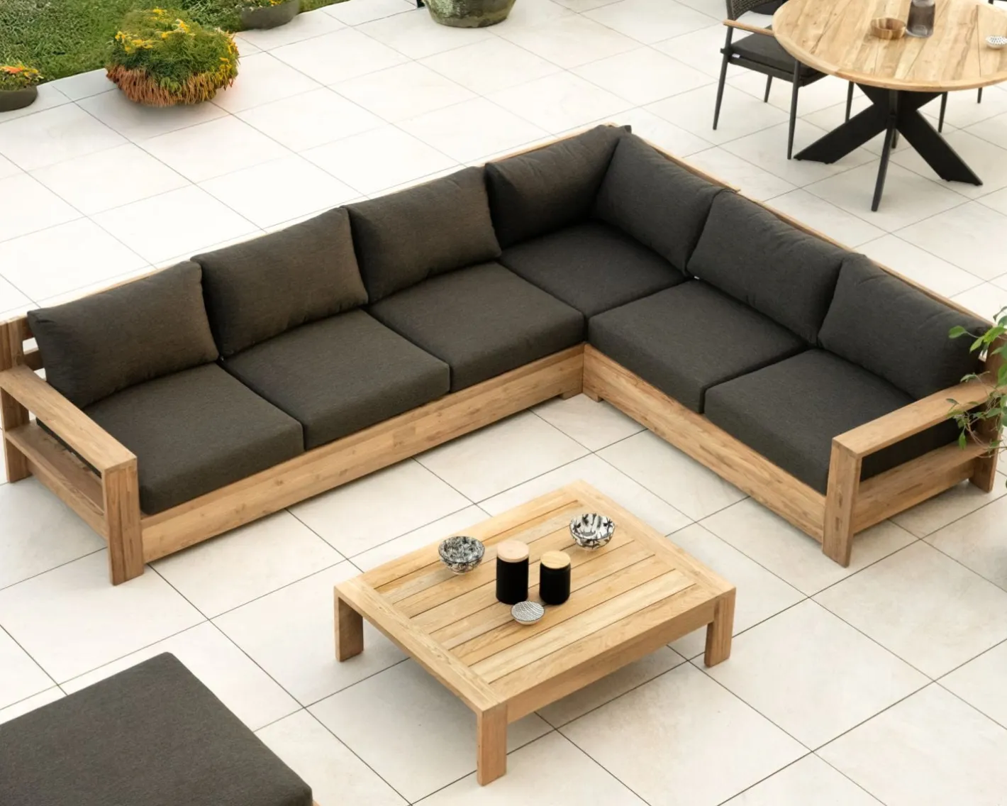 Grand canapé modulaire spécial extérieur en teck et tissu gris foncé "Zénith" Canapé De Jardin