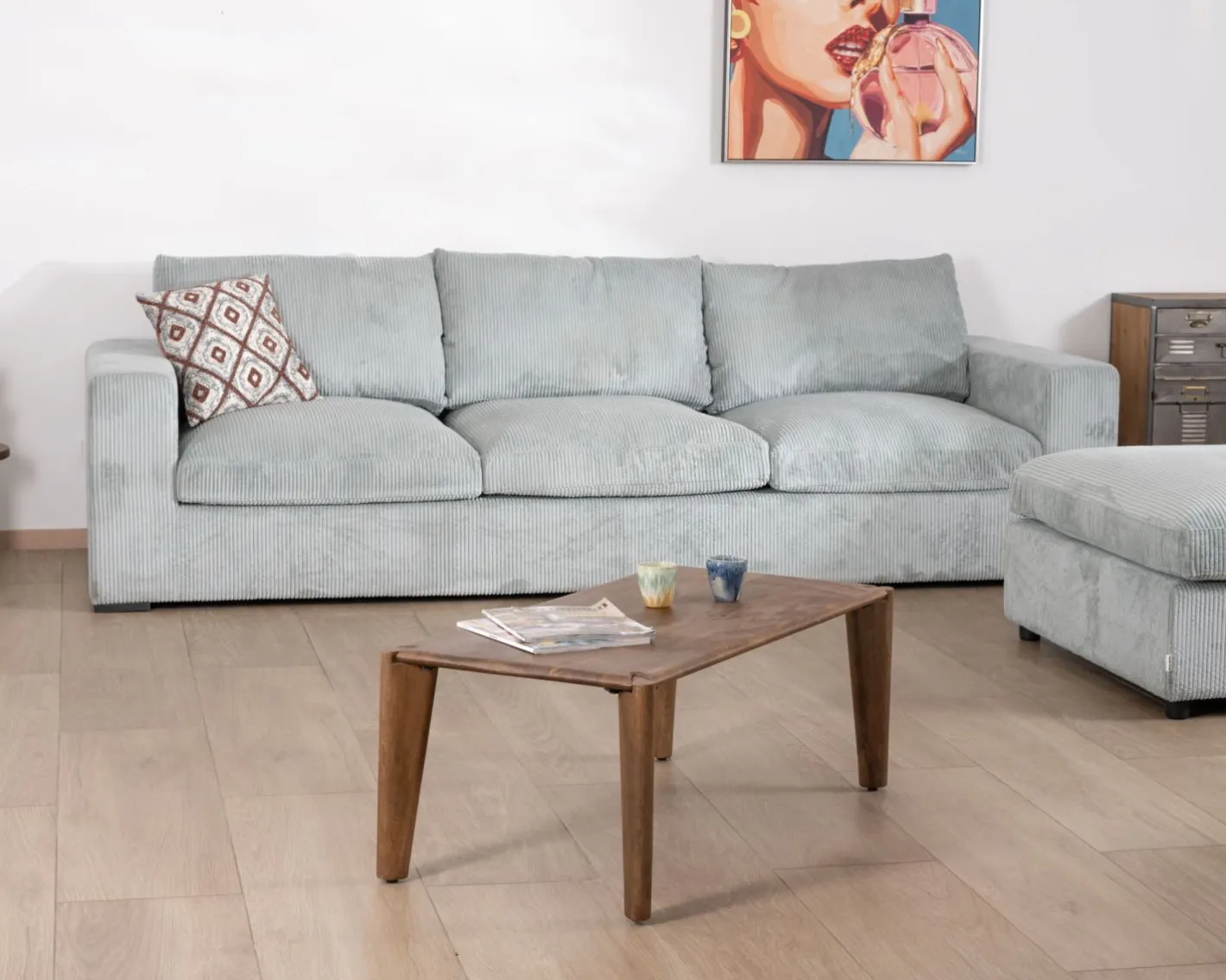 Discount Grand canapé moelleux avec pouf modulaire "Tuléar" en velours côtelé bleu grisé Canapé D'Angle|Canapé Modulable