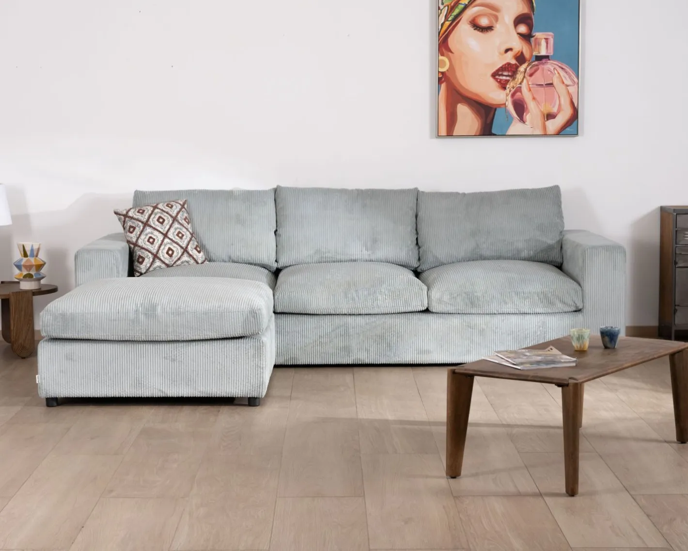 Discount Grand canapé moelleux avec pouf modulaire "Tuléar" en velours côtelé bleu grisé Canapé D'Angle|Canapé Modulable