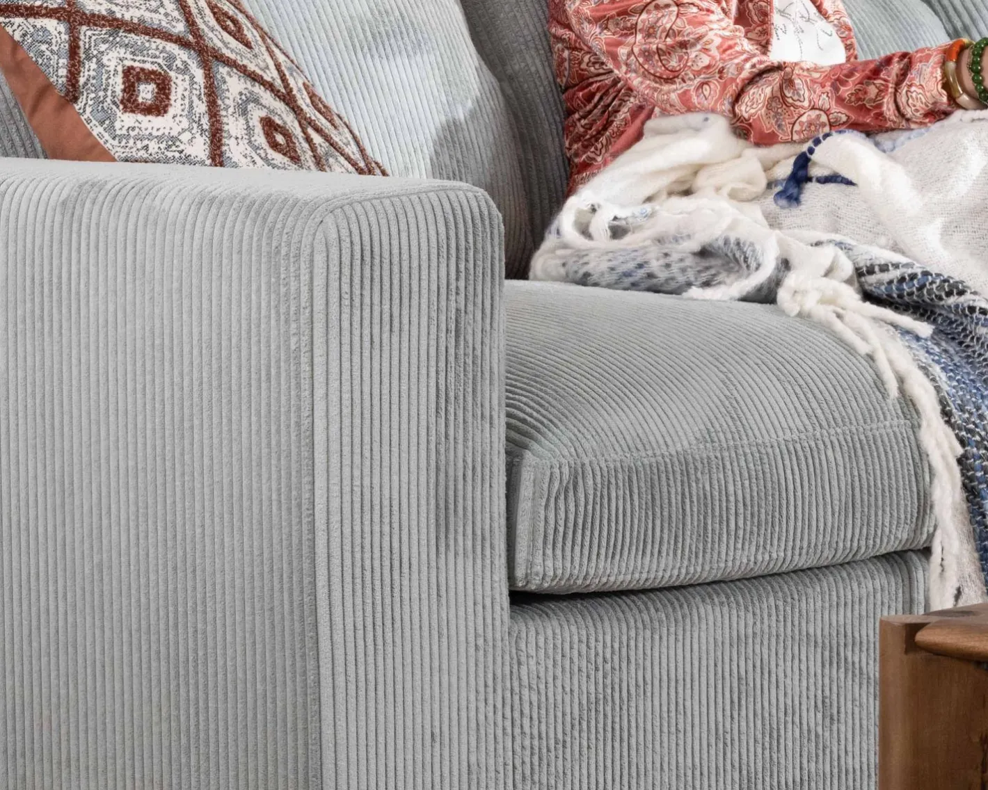 Discount Grand canapé moelleux avec pouf modulaire "Tuléar" en velours côtelé bleu grisé Canapé D'Angle|Canapé Modulable