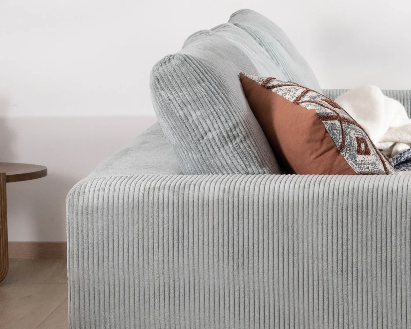 Discount Grand canapé moelleux avec pouf modulaire "Tuléar" en velours côtelé bleu grisé Canapé D'Angle|Canapé Modulable