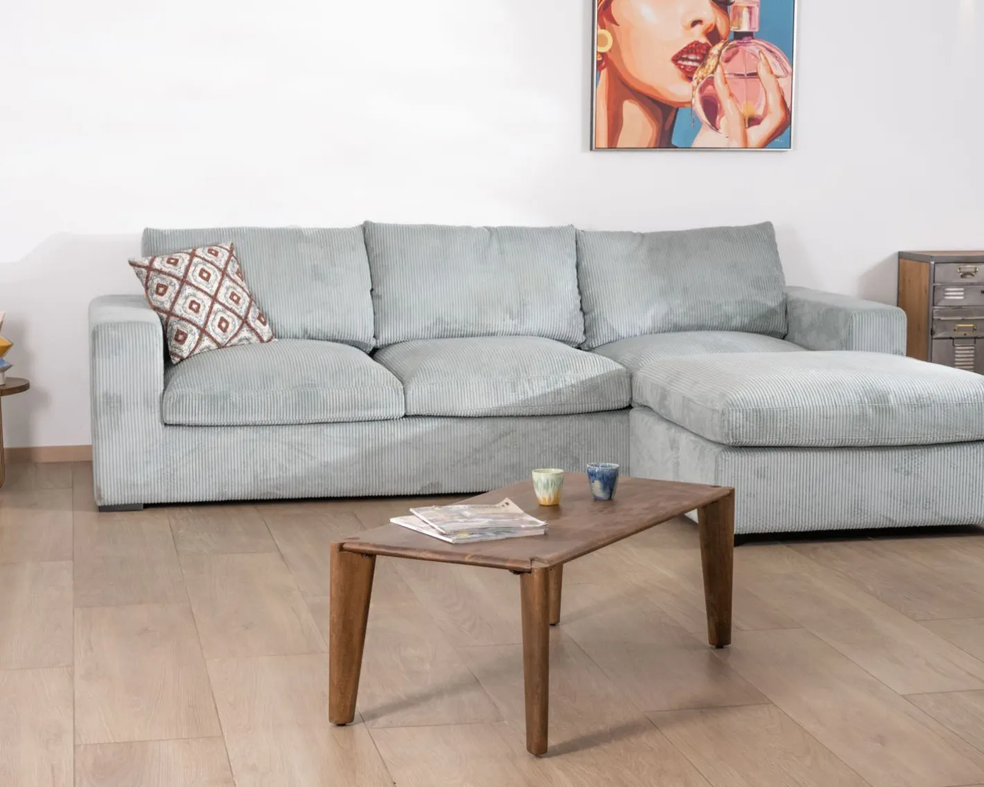 Discount Grand canapé moelleux avec pouf modulaire "Tuléar" en velours côtelé bleu grisé Canapé D'Angle|Canapé Modulable