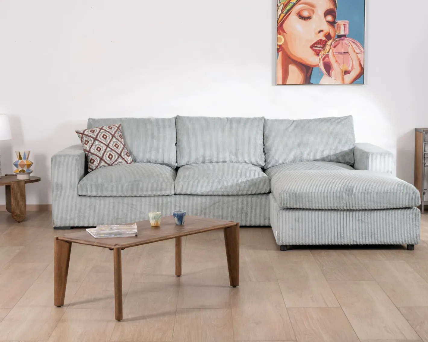 Discount Grand canapé moelleux avec pouf modulaire "Tuléar" en velours côtelé bleu grisé Canapé D'Angle|Canapé Modulable