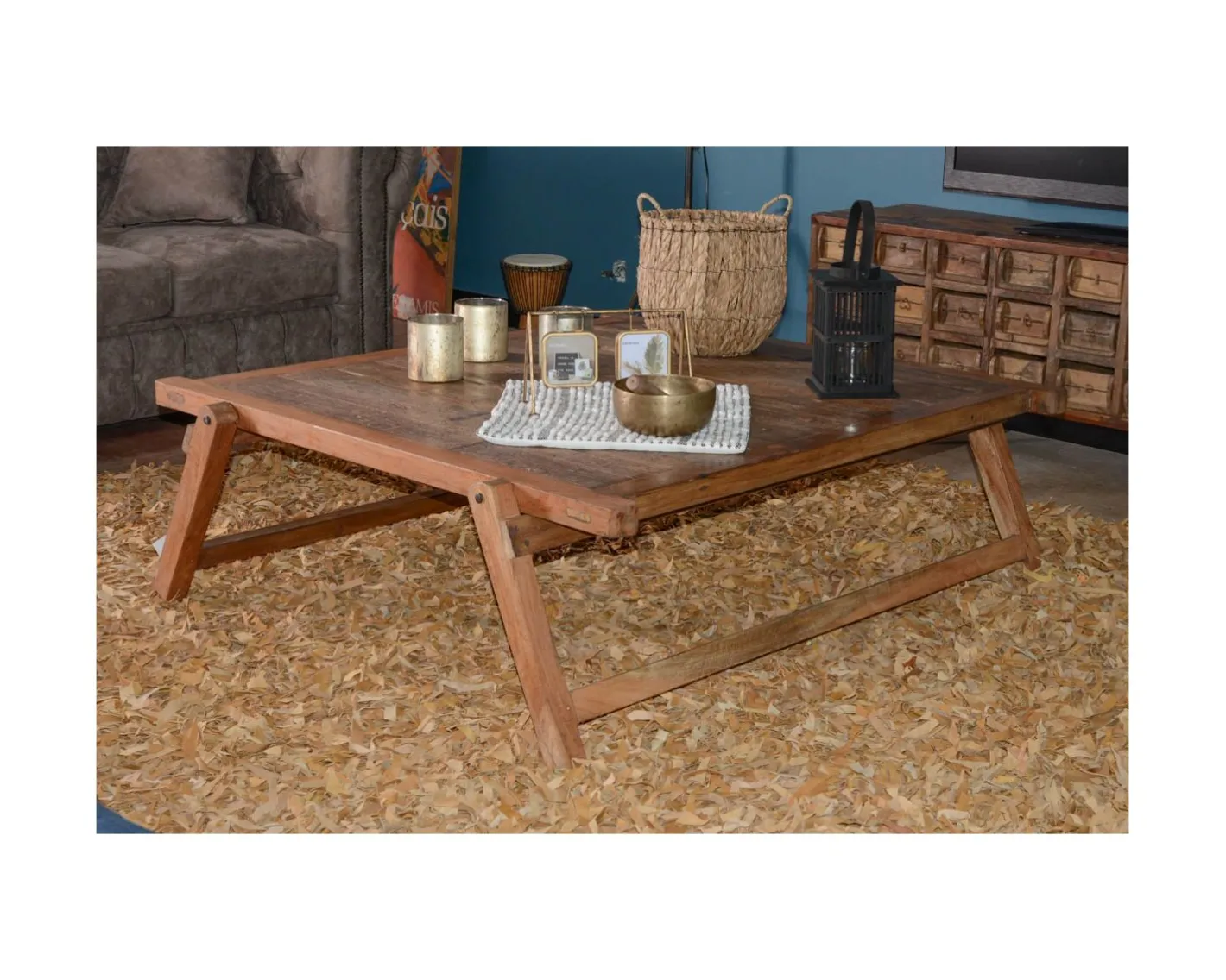 Hot Grande table basse carrée vieux bois ethnique "Népalaise" Table Basse Carrée