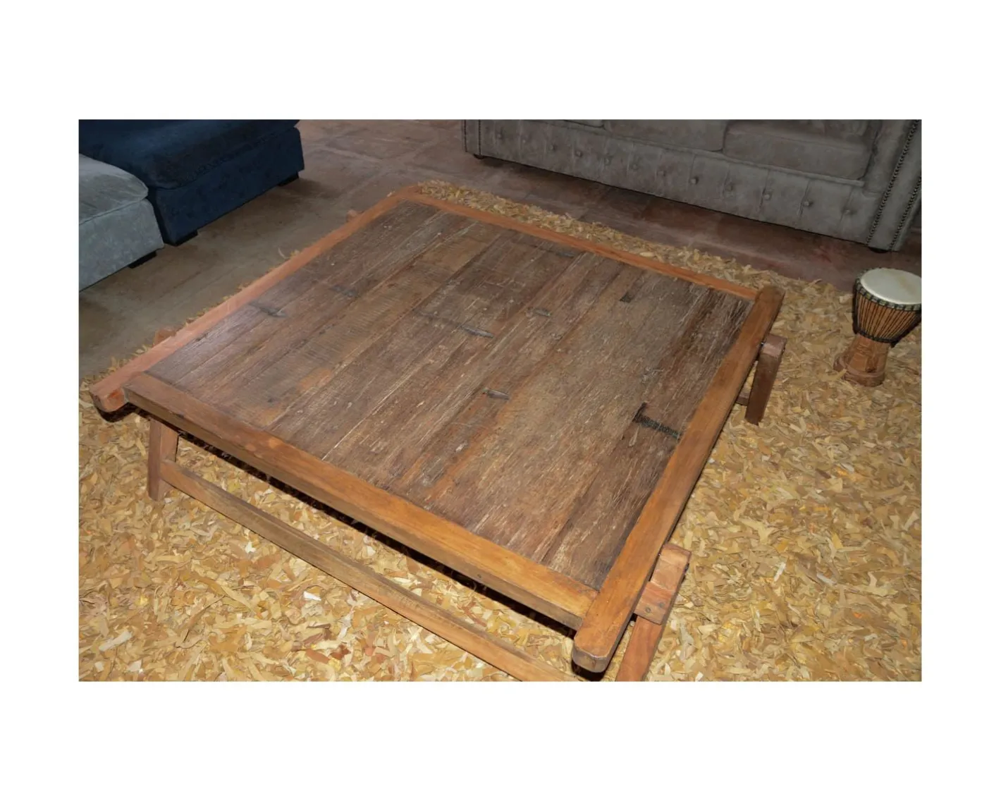 Hot Grande table basse carrée vieux bois ethnique "Népalaise" Table Basse Carrée