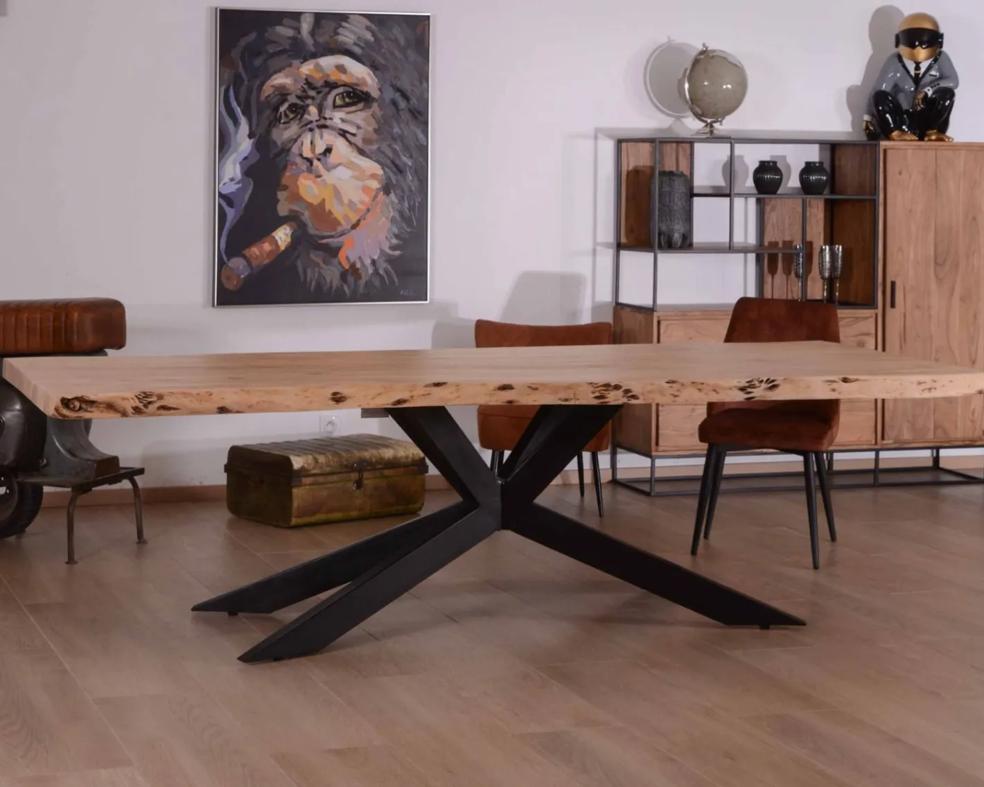 Sale Grande table à manger plateau 280 cm acacia massif et pieds métal "3D" Table À Manger Rectangulaire