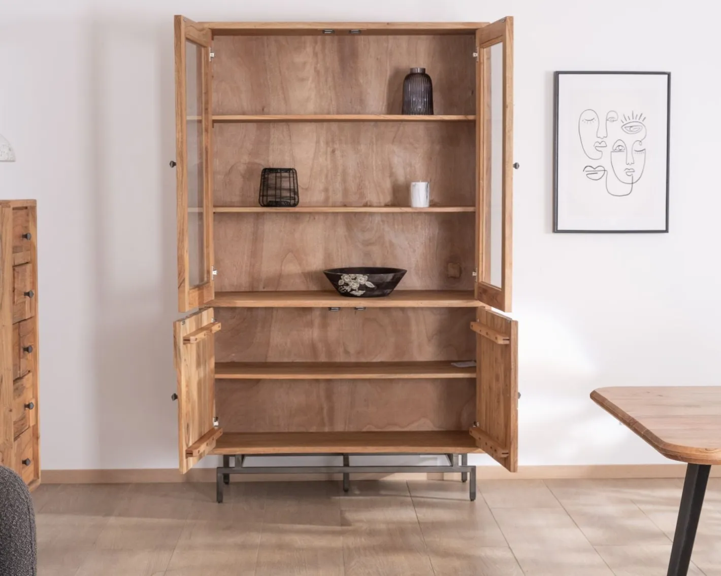 Clearance Grande vitrine 4 portes style rétro en acacia et métal "Puzzle" façades motif empiècements Vitrine Et Argentier|Bibliothèque
