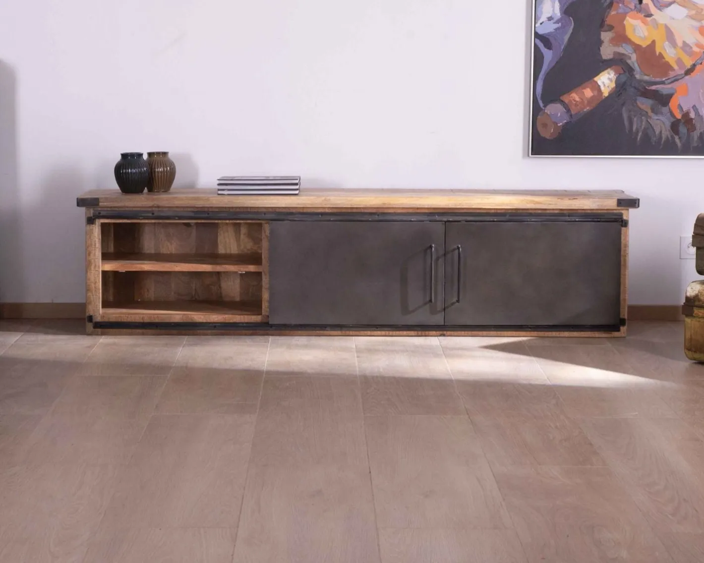 Sale Grand meuble télé "Caractère" 200cm 2 portes 2 tiroirs métal et bois Meuble Télé
