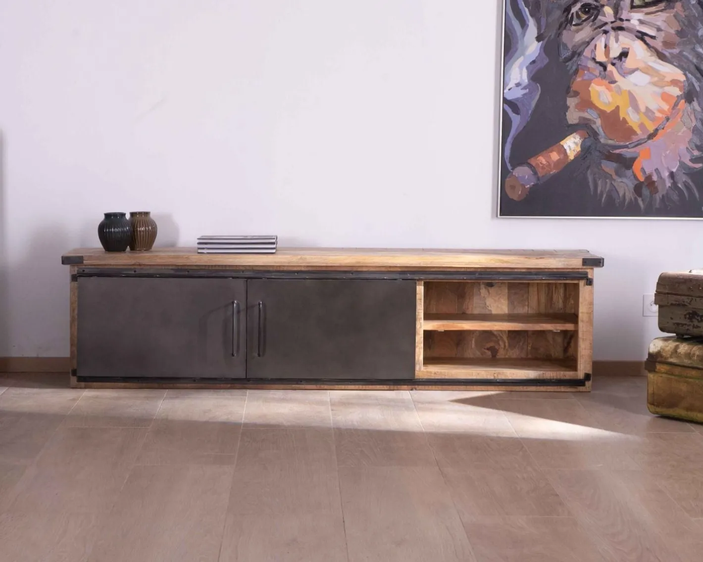 Sale Grand meuble télé "Caractère" 200cm 2 portes 2 tiroirs métal et bois Meuble Télé