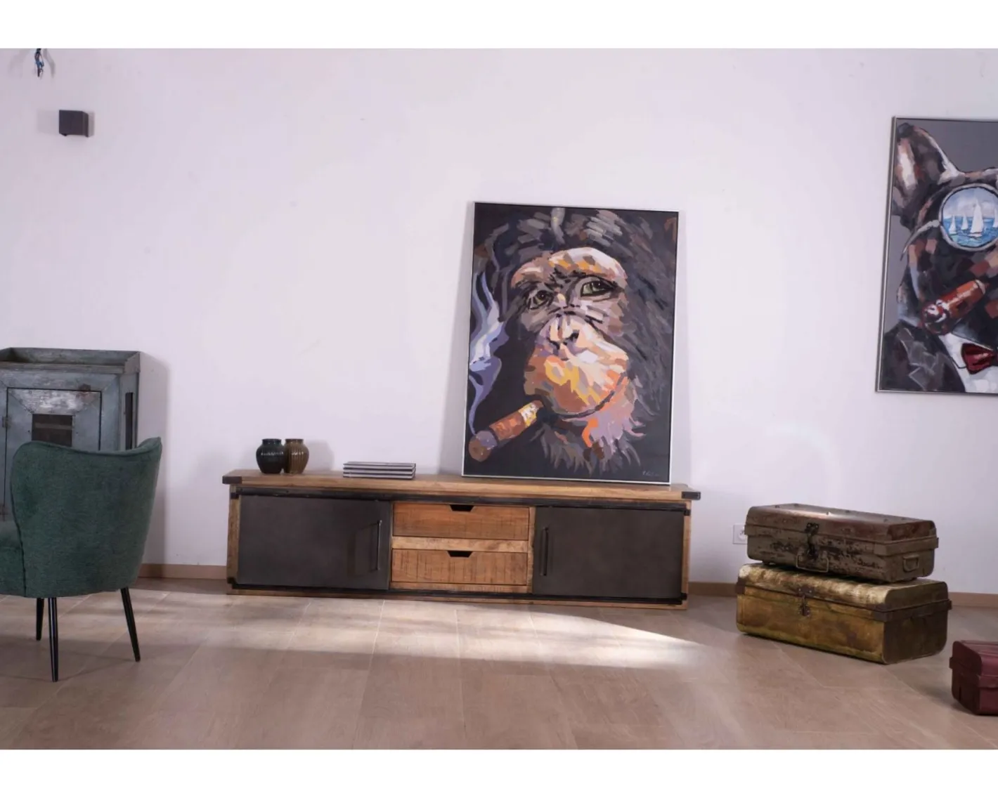 Sale Grand meuble télé "Caractère" 200cm 2 portes 2 tiroirs métal et bois Meuble Télé