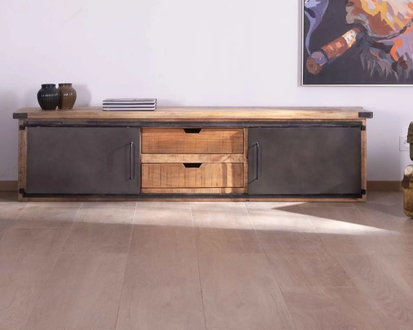 Sale Grand meuble télé "Caractère" 200cm 2 portes 2 tiroirs métal et bois Meuble Télé