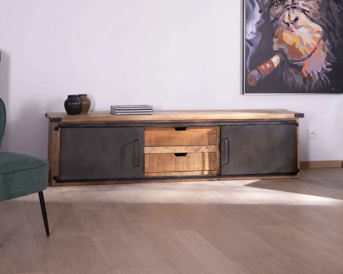 Sale Grand meuble télé "Caractère" 200cm 2 portes 2 tiroirs métal et bois Meuble Télé